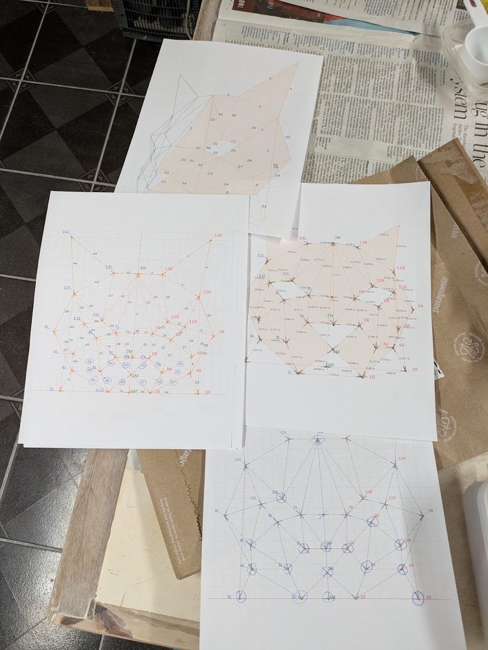 Hand-annotated paper plans of the cat head, every edge numbered and measured.