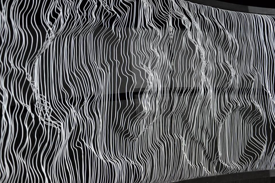 Dense close-up of the wire relief, white strands running the width of the frame.