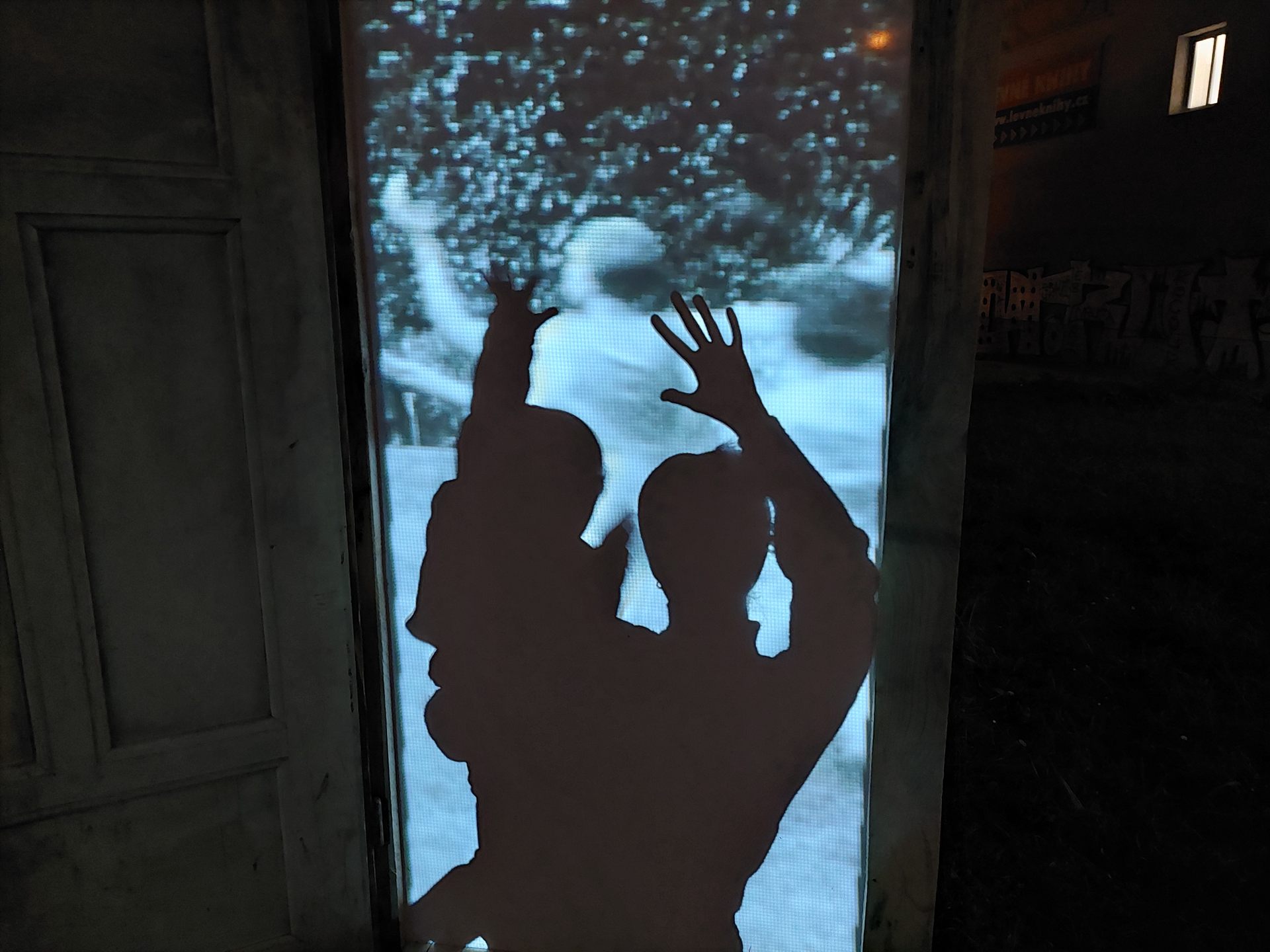 Silhouettes of two visitors with hands raised against a snowy scene projected in a doorway.