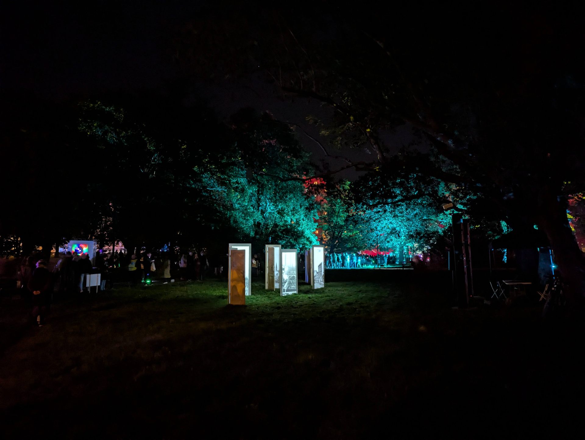 Two of the doors glowing beneath a large tree lit in teal at night.