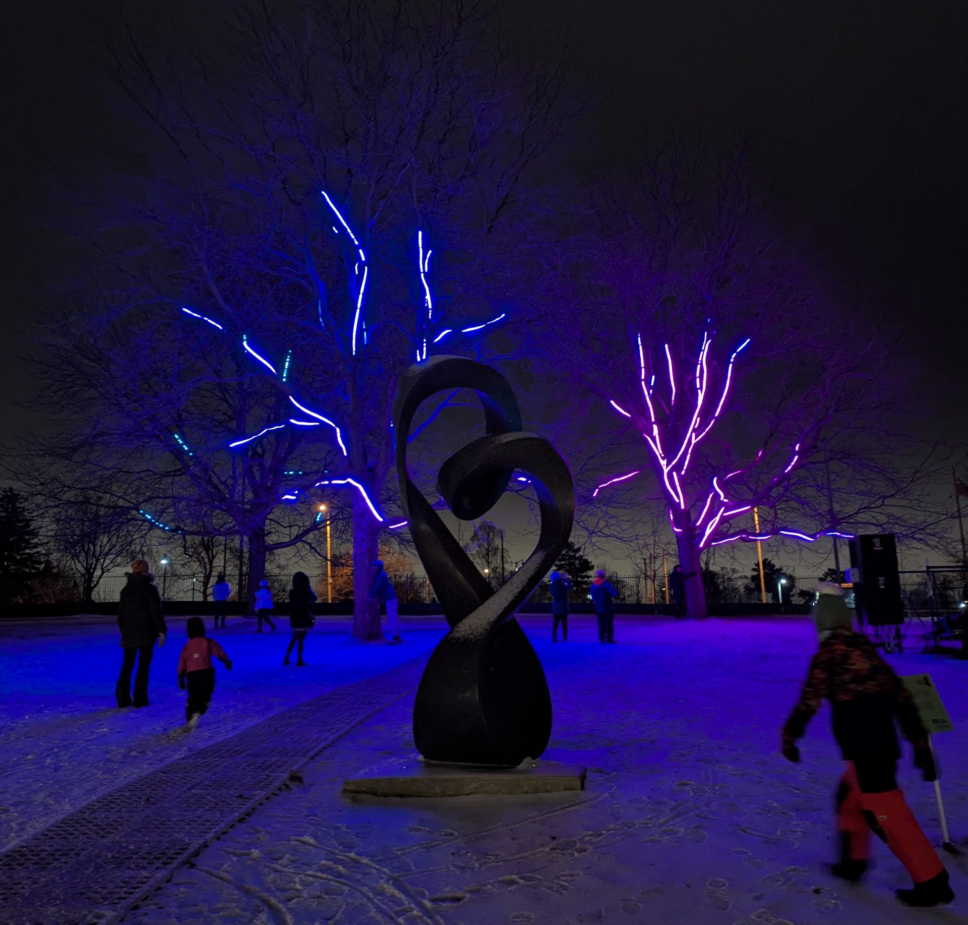 Two trees lit in blue and violet across a snow-covered park at night, a dark sculpture in the foreground.